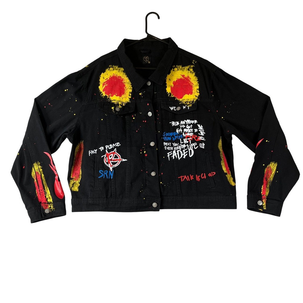 Black Denim Jacket Mens 3XL XXXL Graffiti Punk Jacket Painted Streetwear